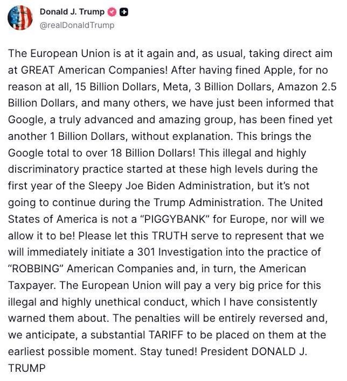 Donald Trump amenaza a Europa con un nuevo arancel por sanción millonaria contra Google
