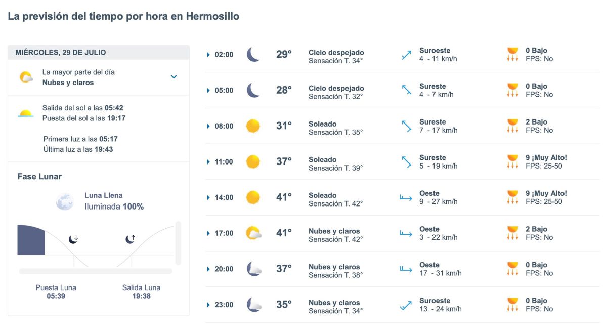 Clima en Hermosillo hoy 29 de julio de 2026