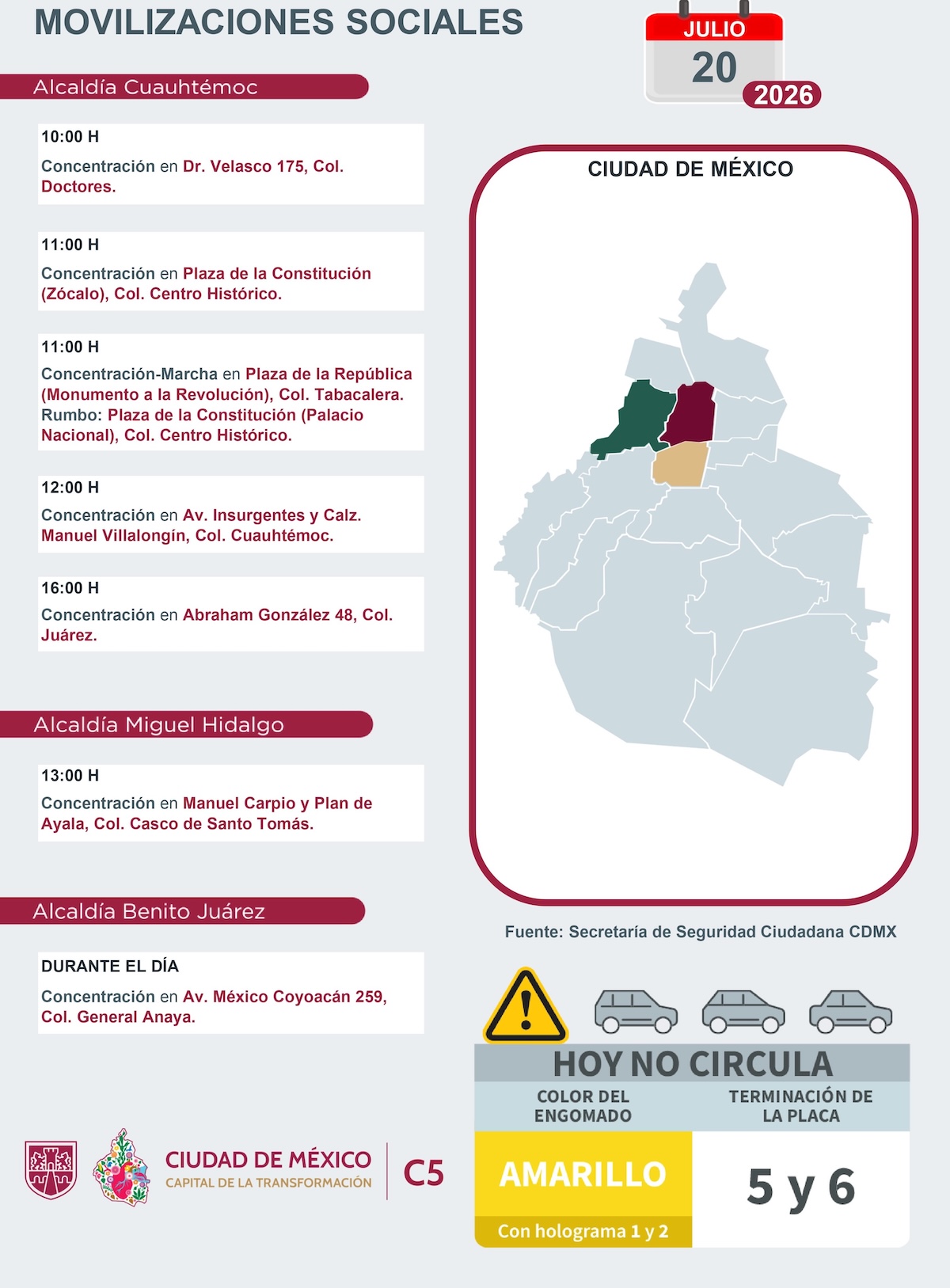 Movilizaciones ciudadanas programadas hoy lunes 20 de julio de 2026. Foto: C5