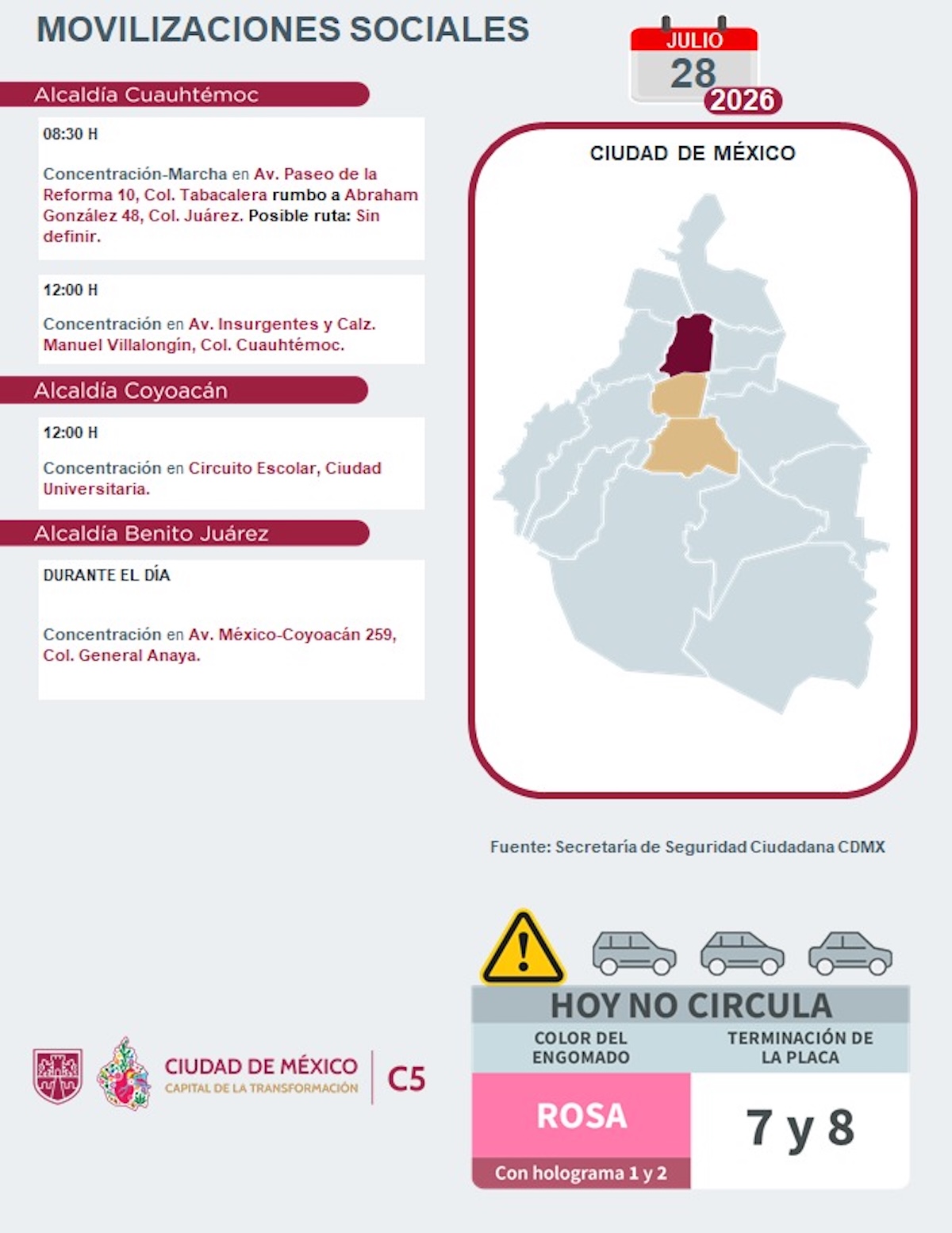 Puntos de concentración, marchas y bloqueos viales este martes en CDMX