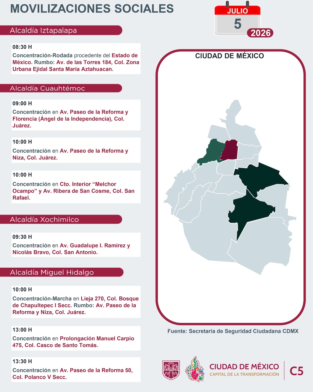 Movilizaciones programadas hoy domingo 5 de julio de 2026