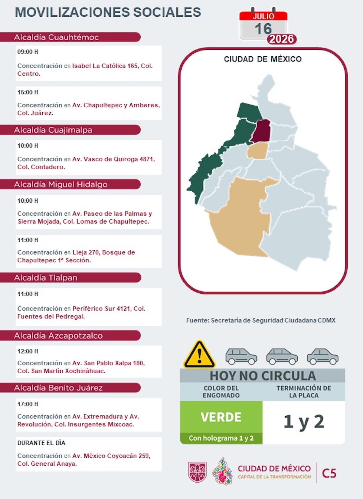 Marchas en CDMX programadas para HOY jueves 16 de julio. Foto: C5