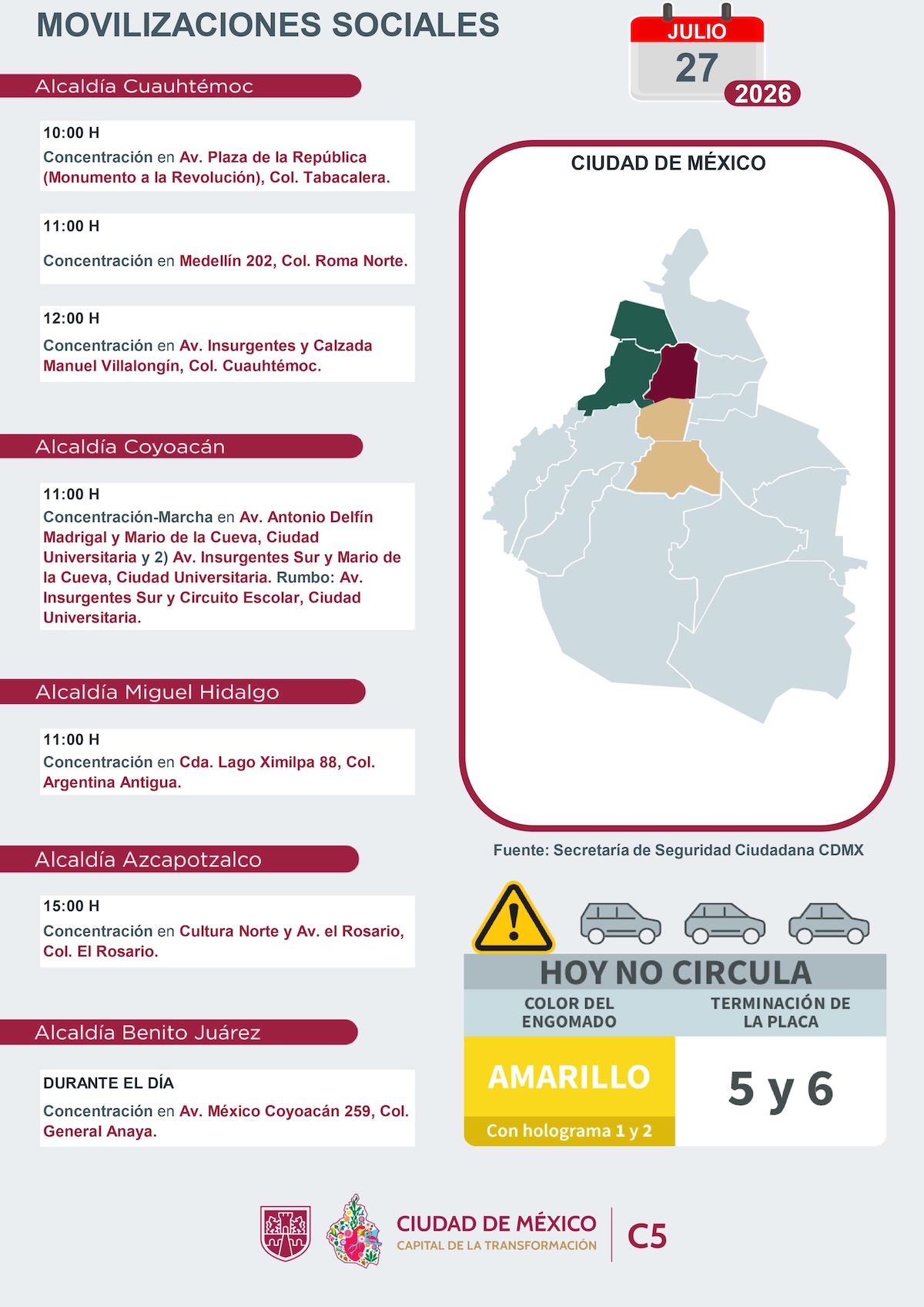 Puntos de concentración, marchas y bloqueos viales este lunes en CDMX