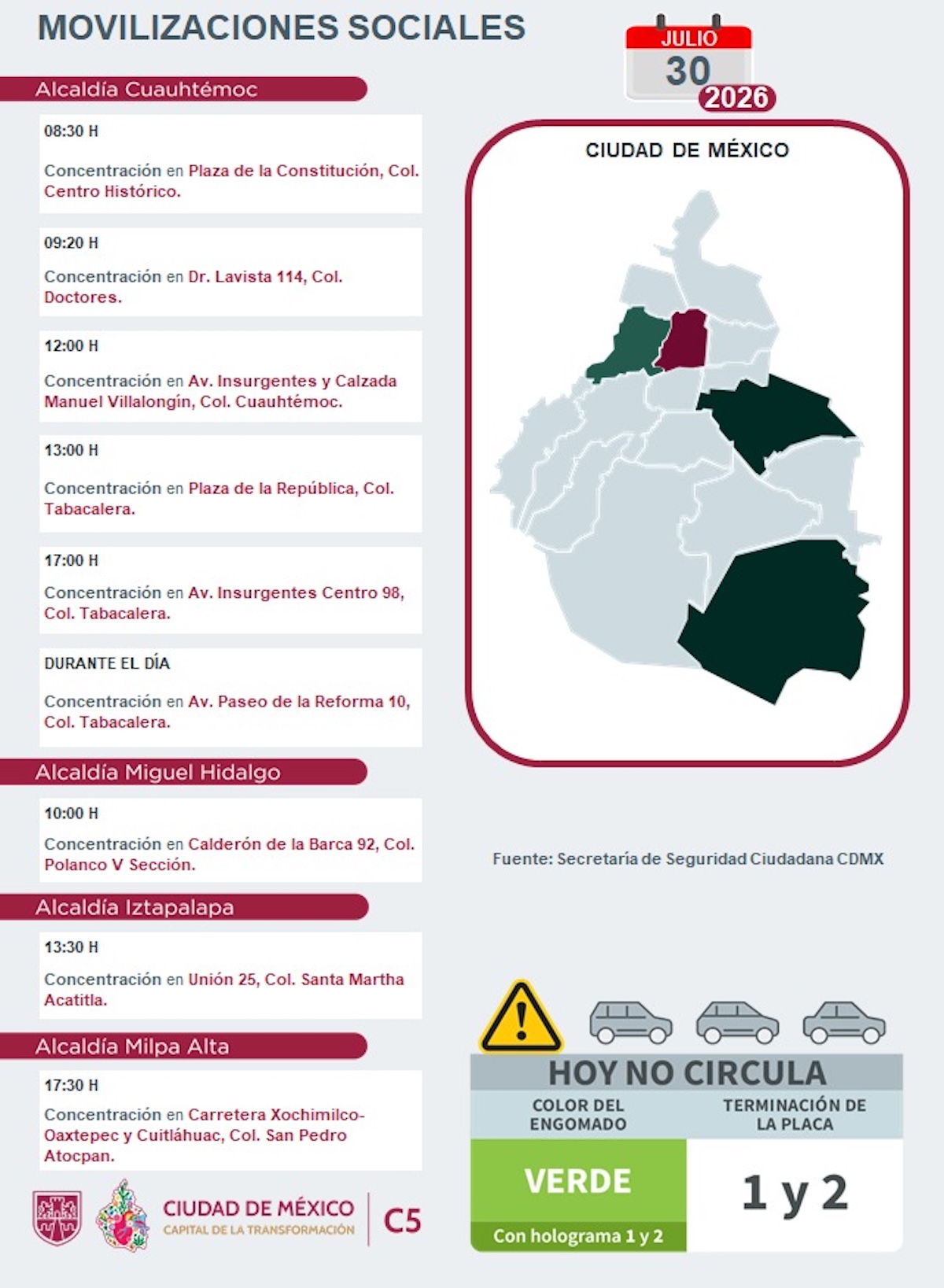 Puntos de concentración, rodadas y bloqueos viales este jueves en CDMX