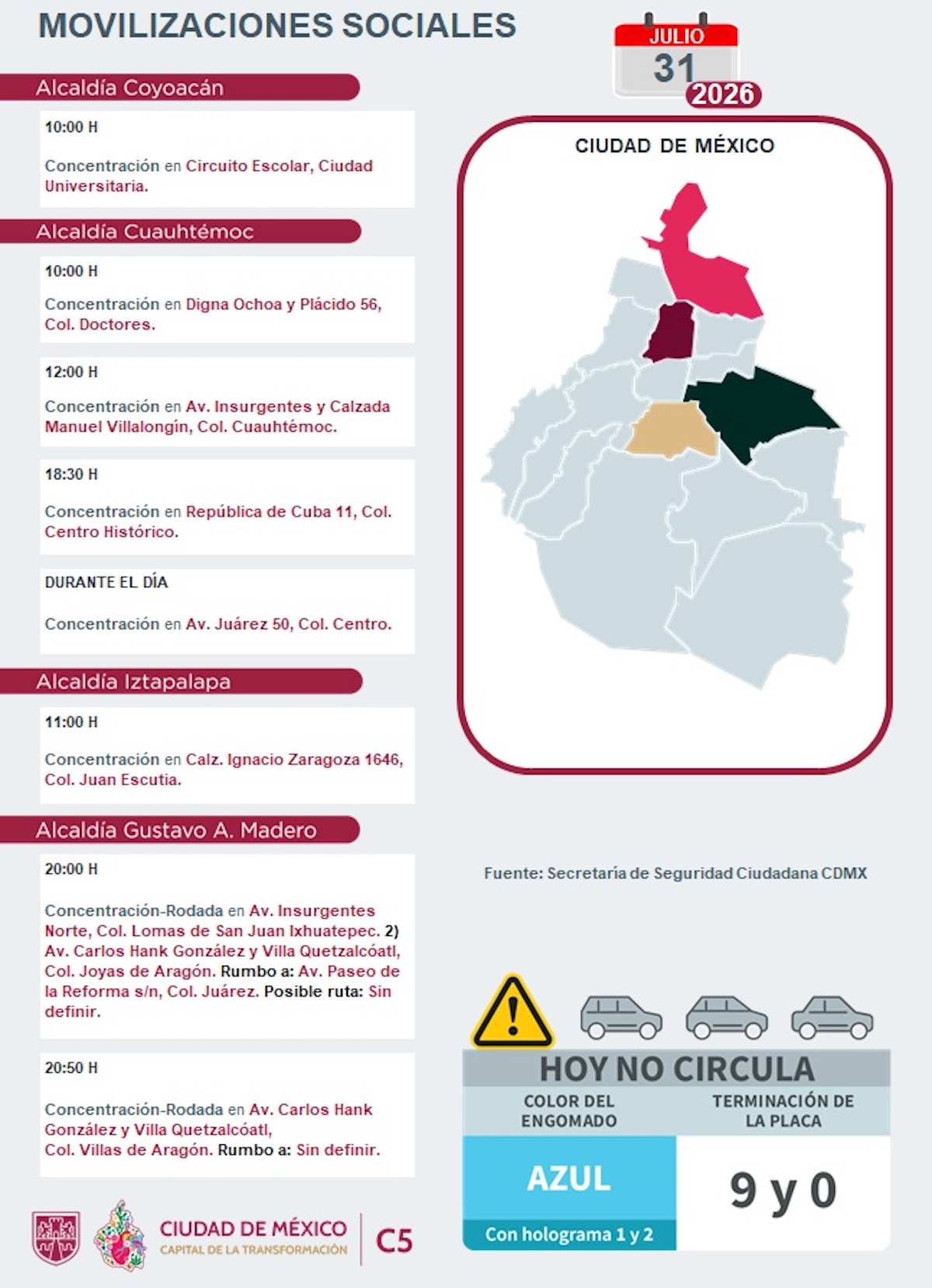 Calles afectadas por manifestaciones y rodadas ciclistas/motociclistas este viernes. Foto: C5