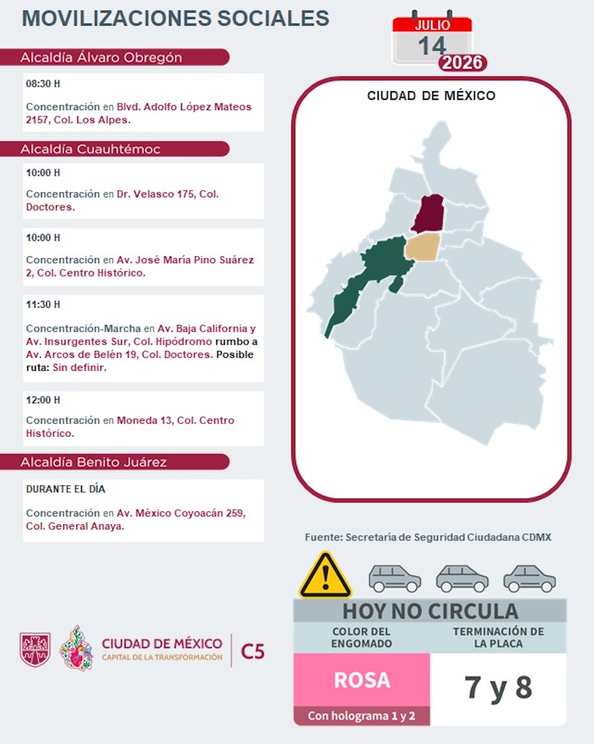 Puntos de concentración, marchas y bloqueos viales este martes en CDMX. Foto: C5