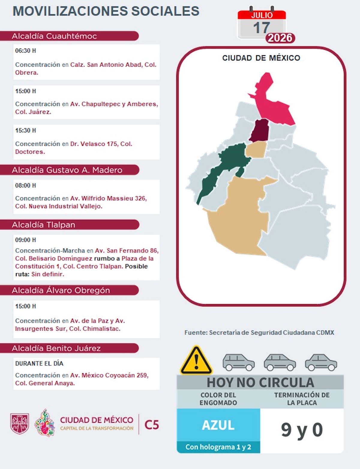 Movilizaciones ciudadanas programadas hoy viernes 17 de julio de 2026. Foto: C5