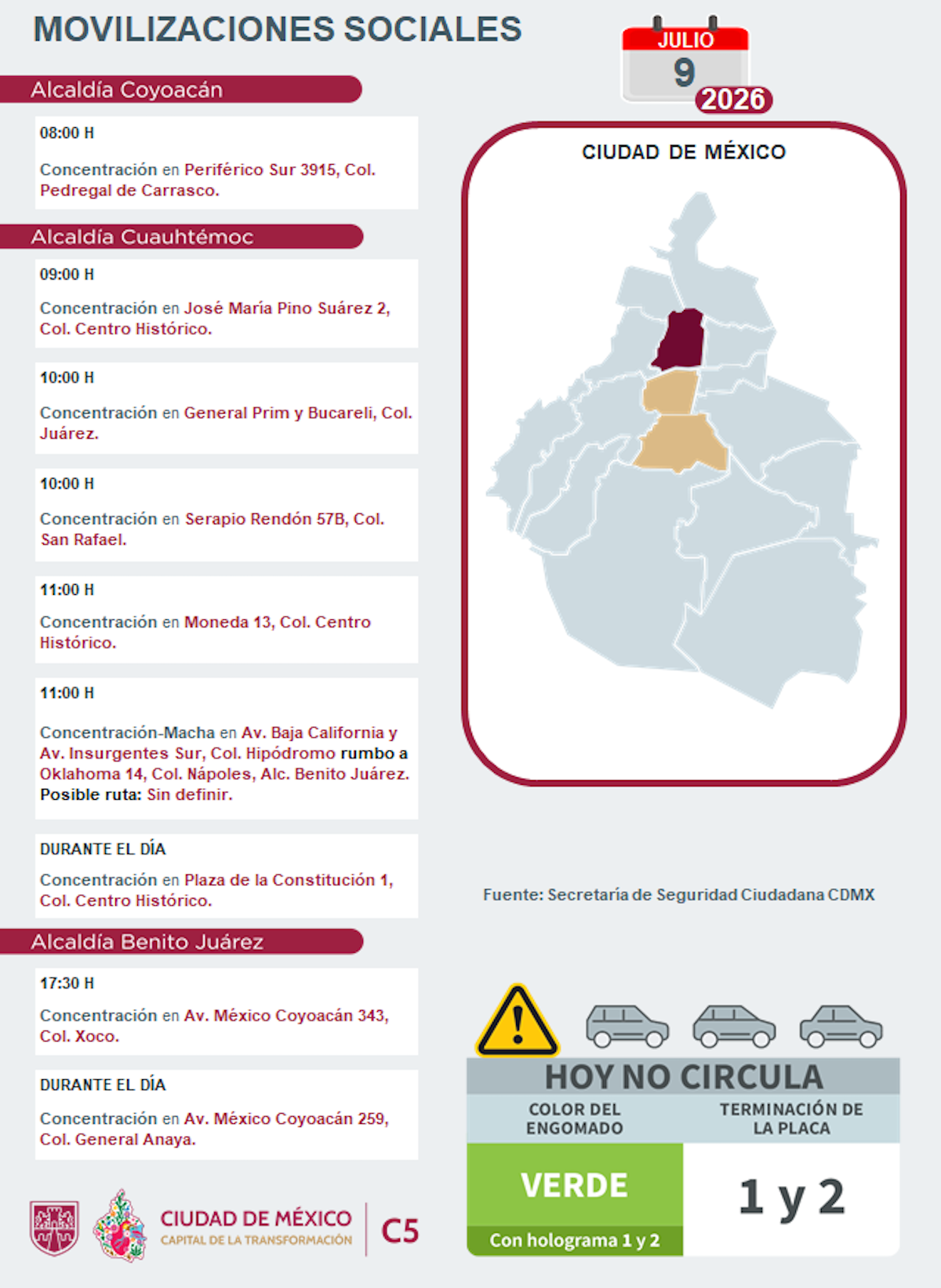 Movilizaciones ciudadanas programadas hoy jueves 9 de julio de 2026. Foto: C5-CDMX