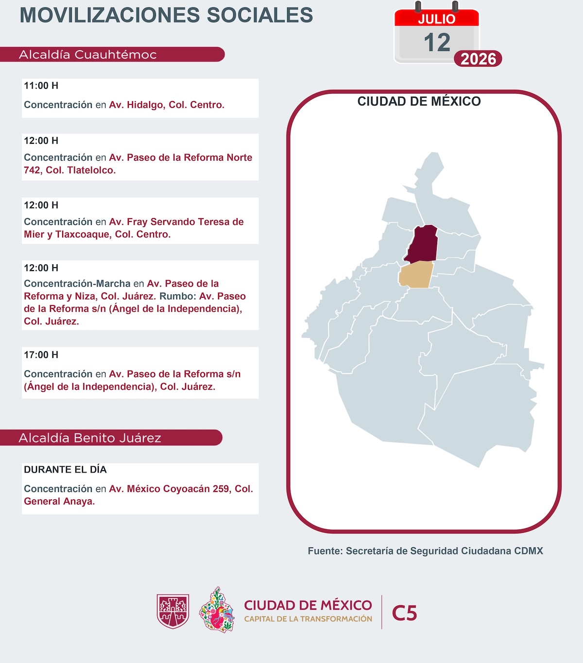 Calles afectadas por manifestaciones y rodadas en las alcaldías de la CDMX este domingo. Foto: C5-CDMX