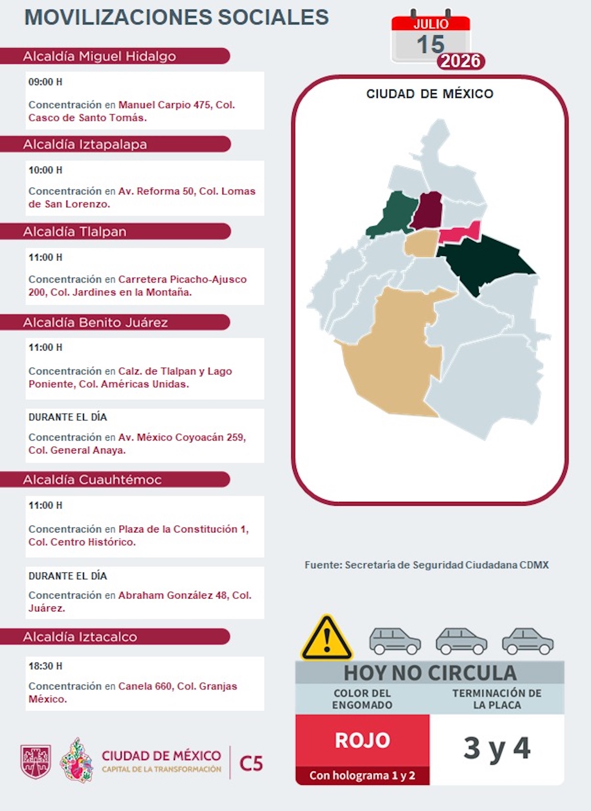 Agenda de movilidad CDMX: puntos con bloqueos, protestas y marchas hoy. Foto: C5