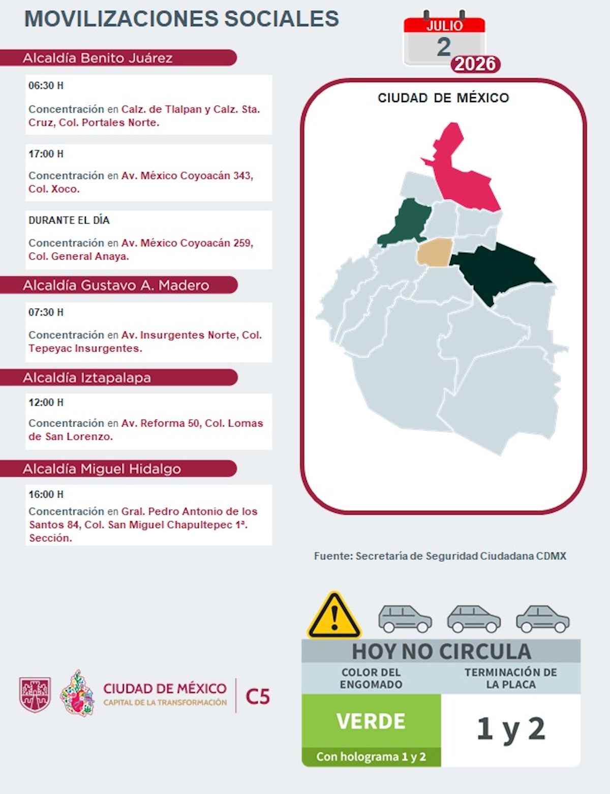 Alerta vial en CDMX: Movilizaciones programadas hoy jueves 2 de julio de 2026. Foto: C5-CDMX