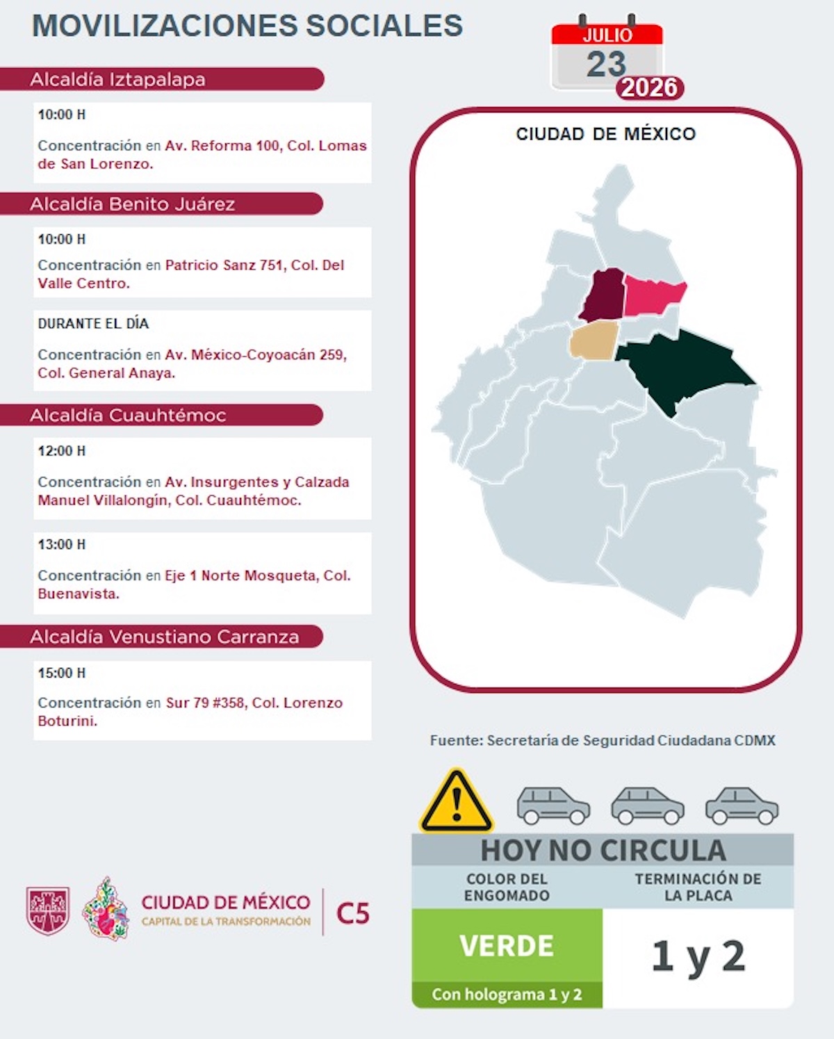 Marchas, bloqueos y afectaciones al tráfico en la CDMX hoy jueves 23 de julio de 2026
