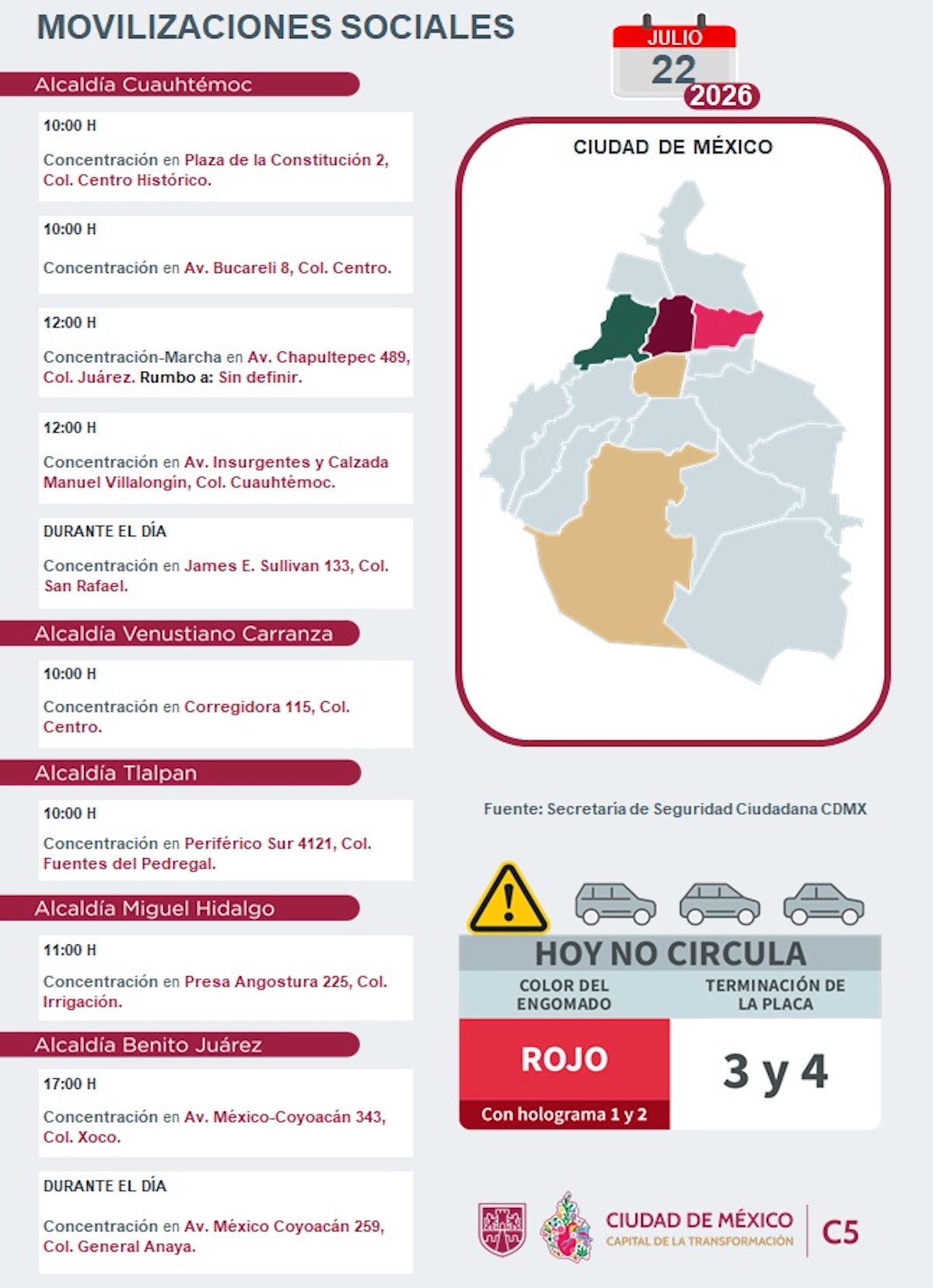 Movilizaciones ciudadanas programadas hoy miércoles 22 de julio de 2026