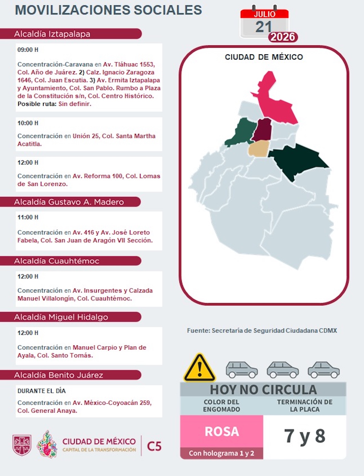 Puntos de concentración, caravanas y bloqueos viales este martes en CDMX. Foto: C5