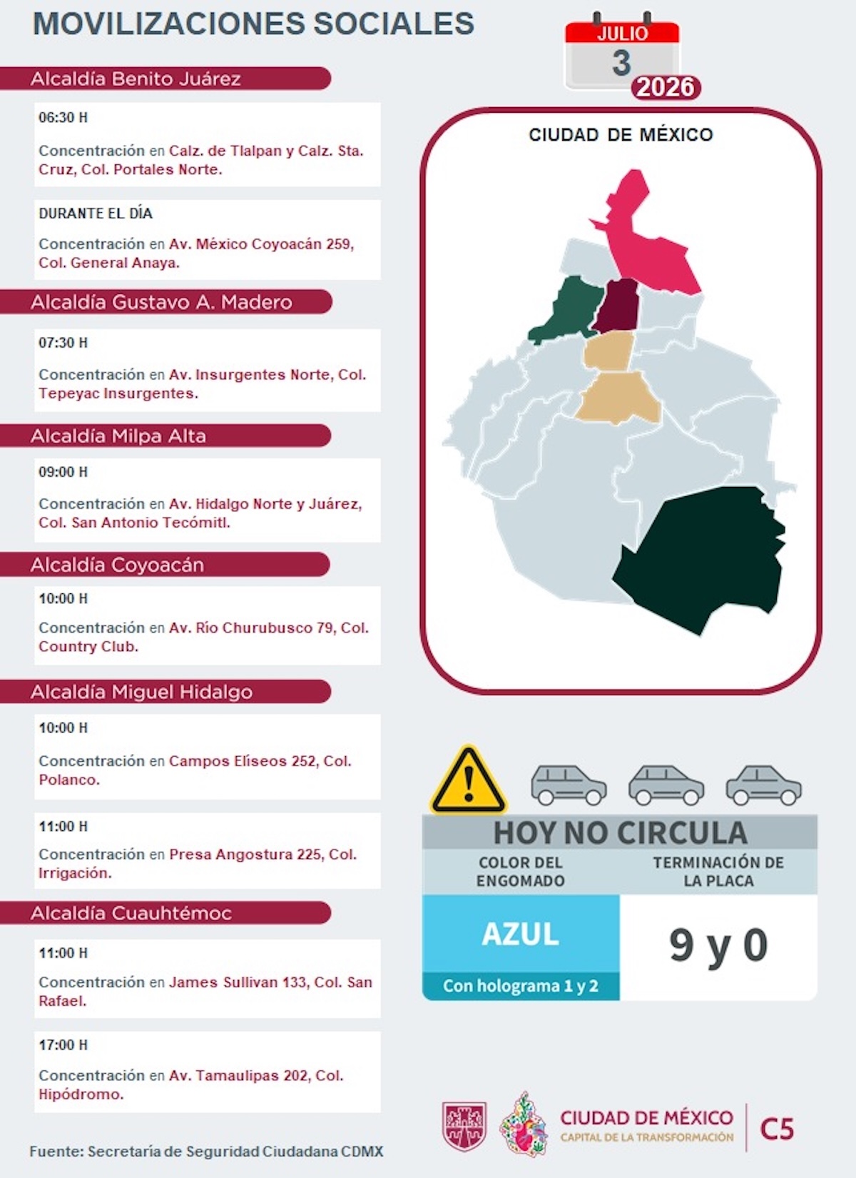 Movilizaciones programadas hoy viernes 3 de julio de 2026. Foto: C5-CDMX