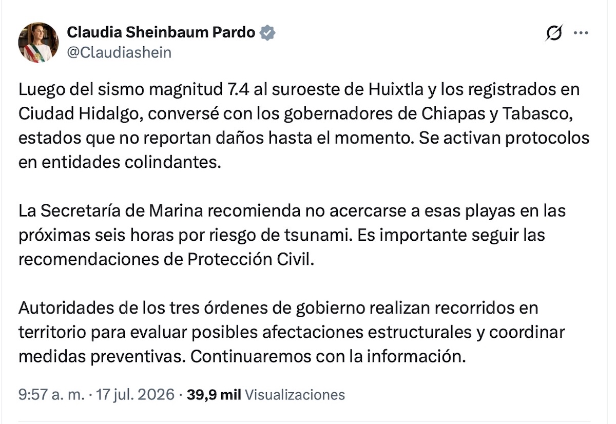 Sheinbaum informa sobre sismo de magnitud 7.4 en Chiapas