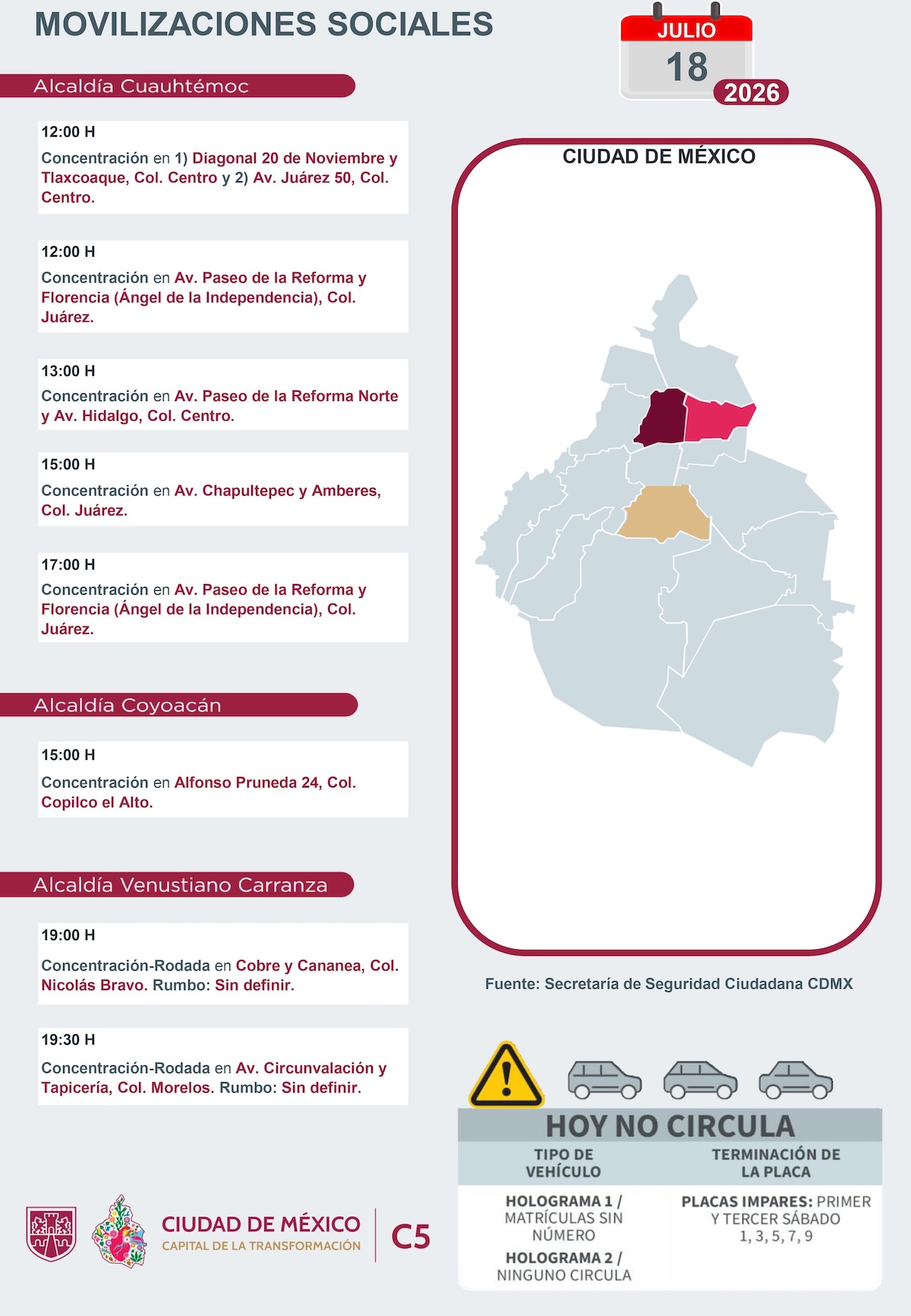 Movilizaciones ciudadanas programadas hoy sábado 18 de julio de 2026