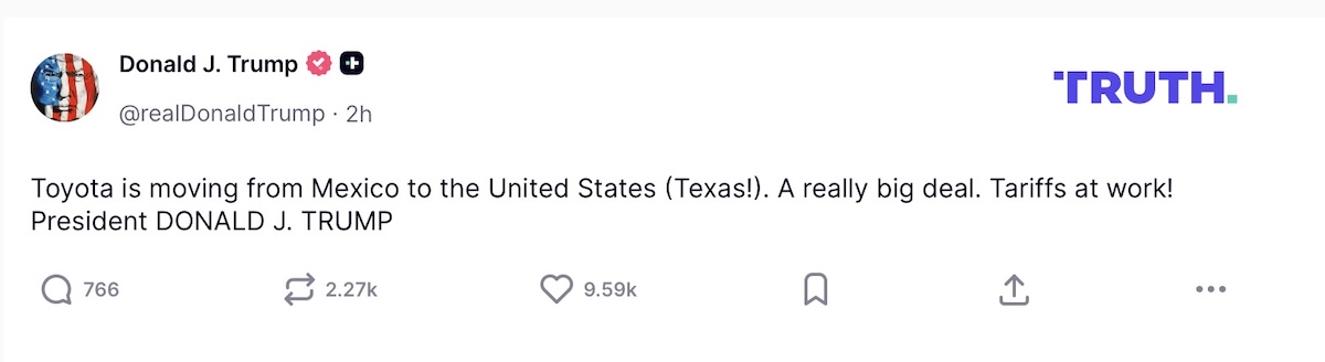Donald Trump festeja decisión de Toyota de ampliar planta en Texas