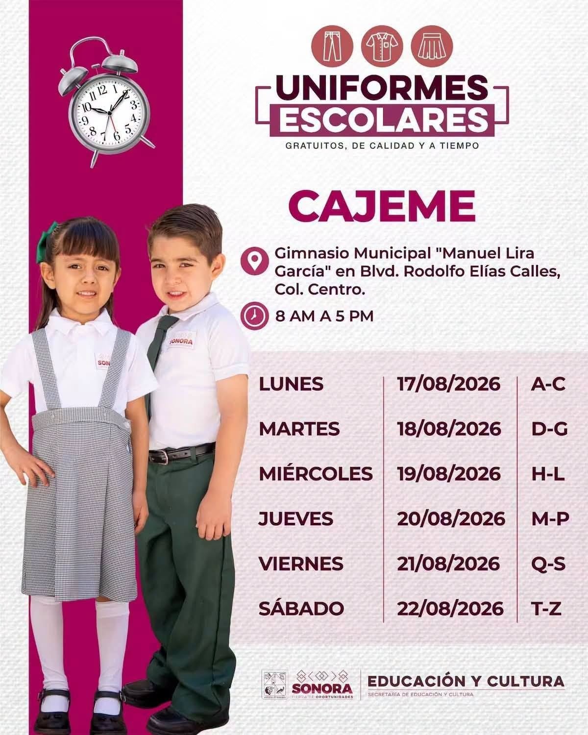 Uniformes escolares gratuitos llegarán a familias de Cajeme del 17 al 22 de agosto