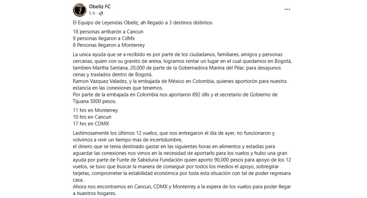 Comunicado el Obeliz FC tras regresar a México