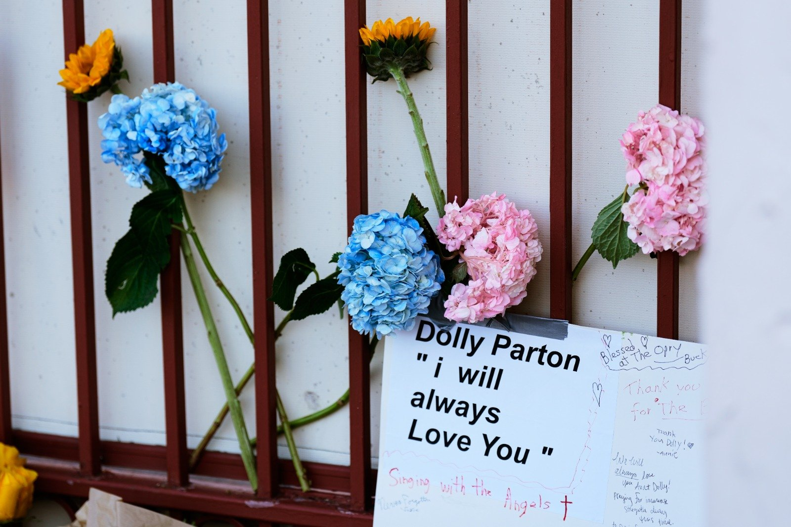 Fans de Dolly Parton acudieron a dejar flores y tarjetas frente a su oficina de en Nashville
