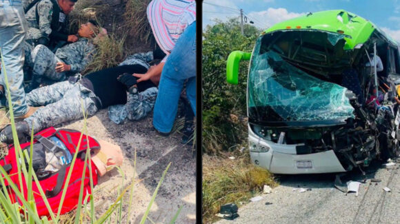 Fuerte choque entre autobús y unidad de la Guardia Nacional deja un muerto y 15 heridos en Chiapas