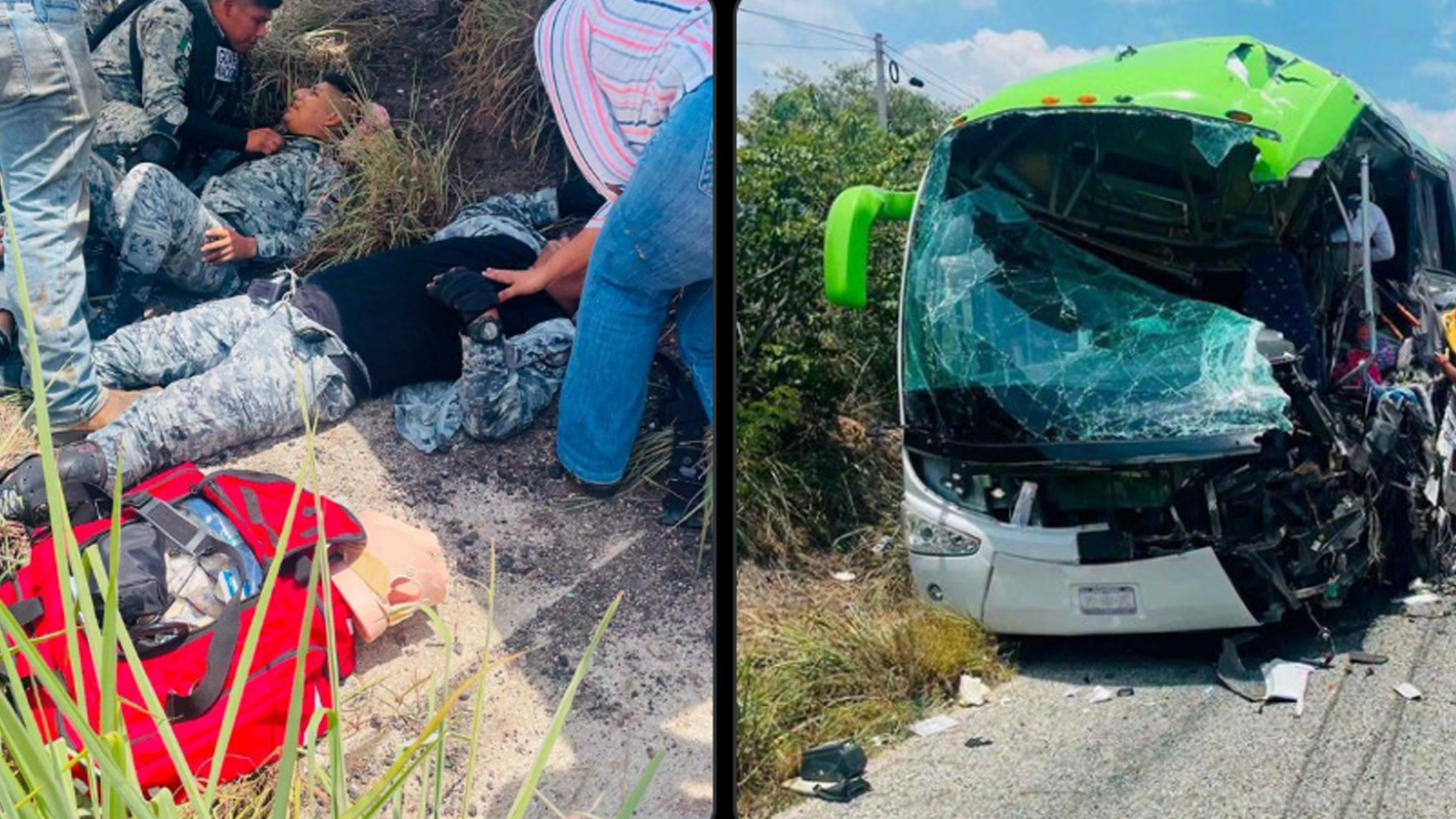 Fuerte choque entre autobús y unidad de la Guardia Nacional deja un muerto y 15 heridos en Chiapas