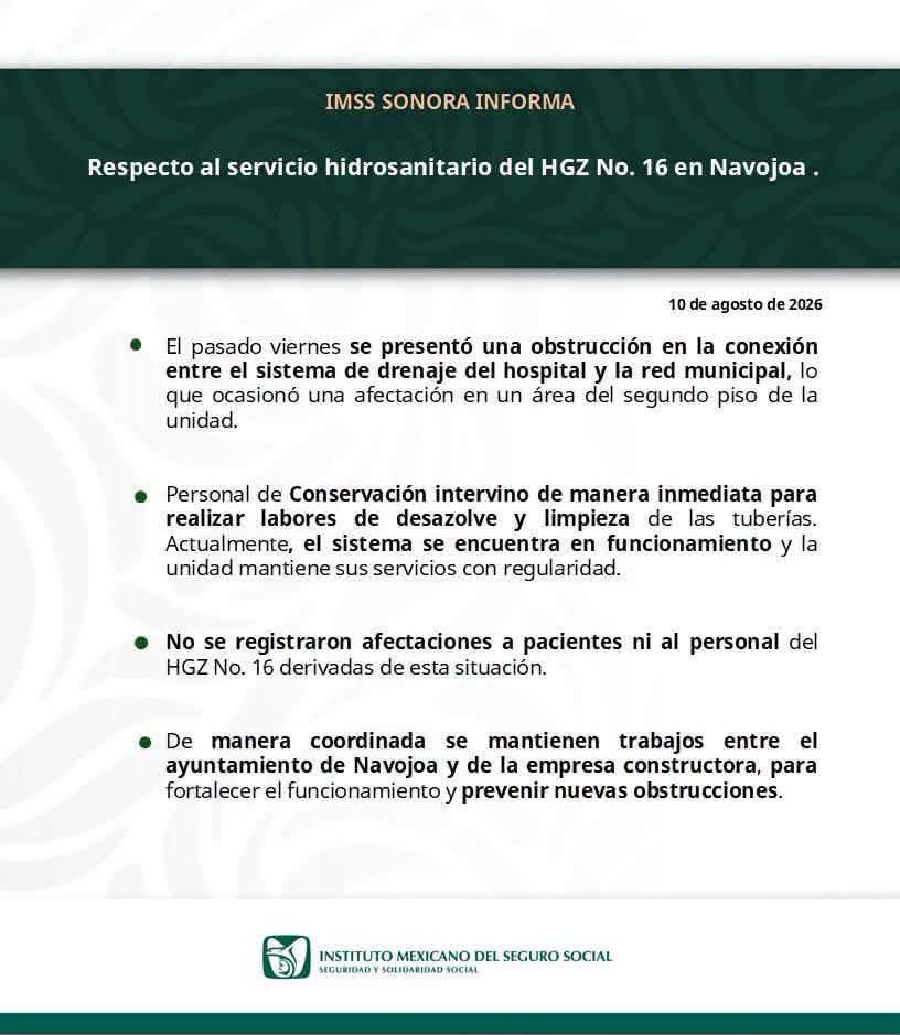 Comunicado de IMSS Sonora sobre el problema de drenaje en la unidad de Navojoa