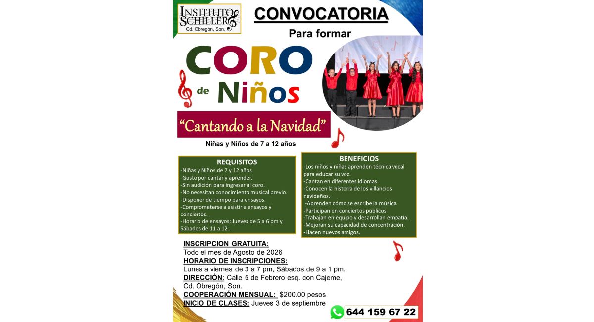 Invitan a niñas y niños a formar parte del coro ‘Cantando a la Navidad’ en Cajeme