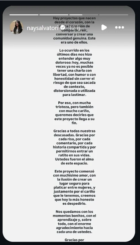 Nay Salvatori anuncia pausa en redes y cancela su podcast tras polémica por comentarios sobre adultos mayores