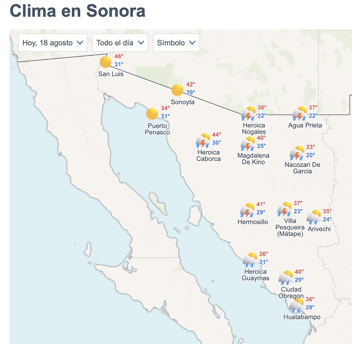 Así será el clima en Sonora este martes. Foto: Meteored.mx