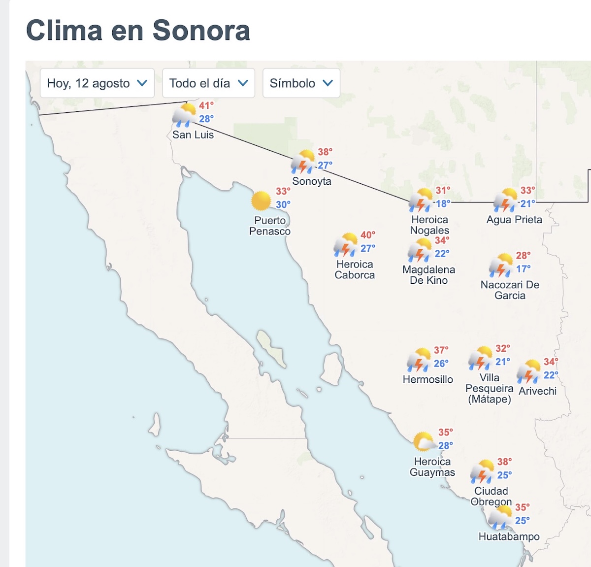 Así estará el clima en Sonora este 12 de agosto. Foto: Meteored.mx