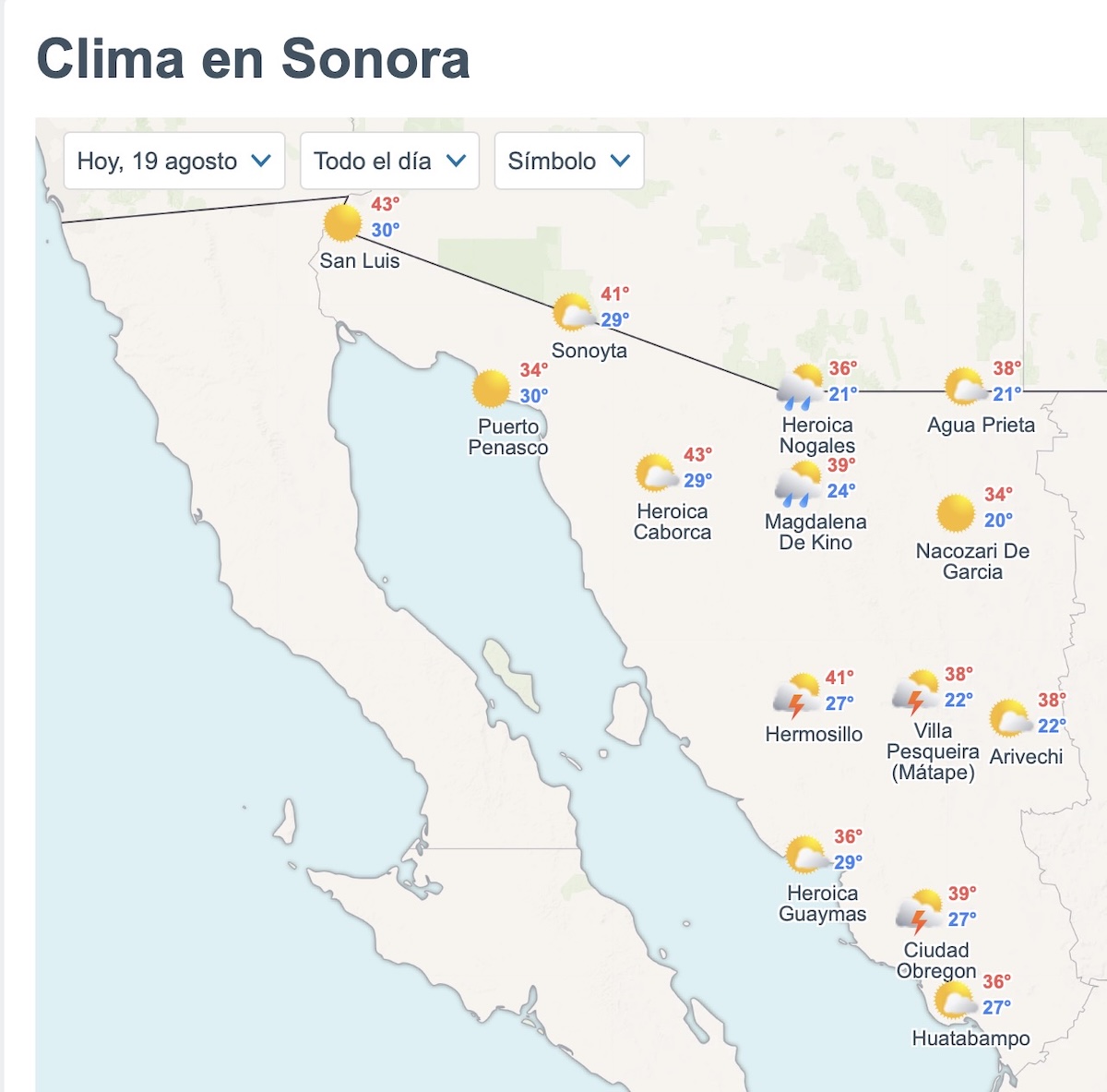 El clima en Sonora tendrá calor de hasta 43°C y lluvias con tormentas este miércoles 19 de agosto. Foto: Meteored.mx