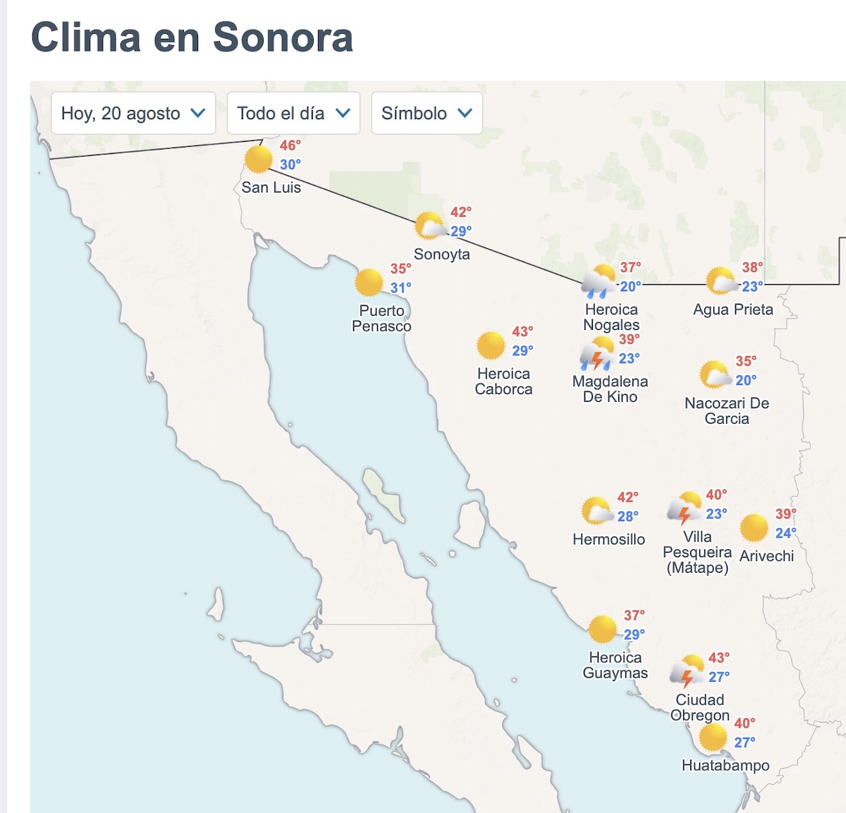 Clima en Sonora HOY jueves 20 de agosto. Foto: Meteored.mx