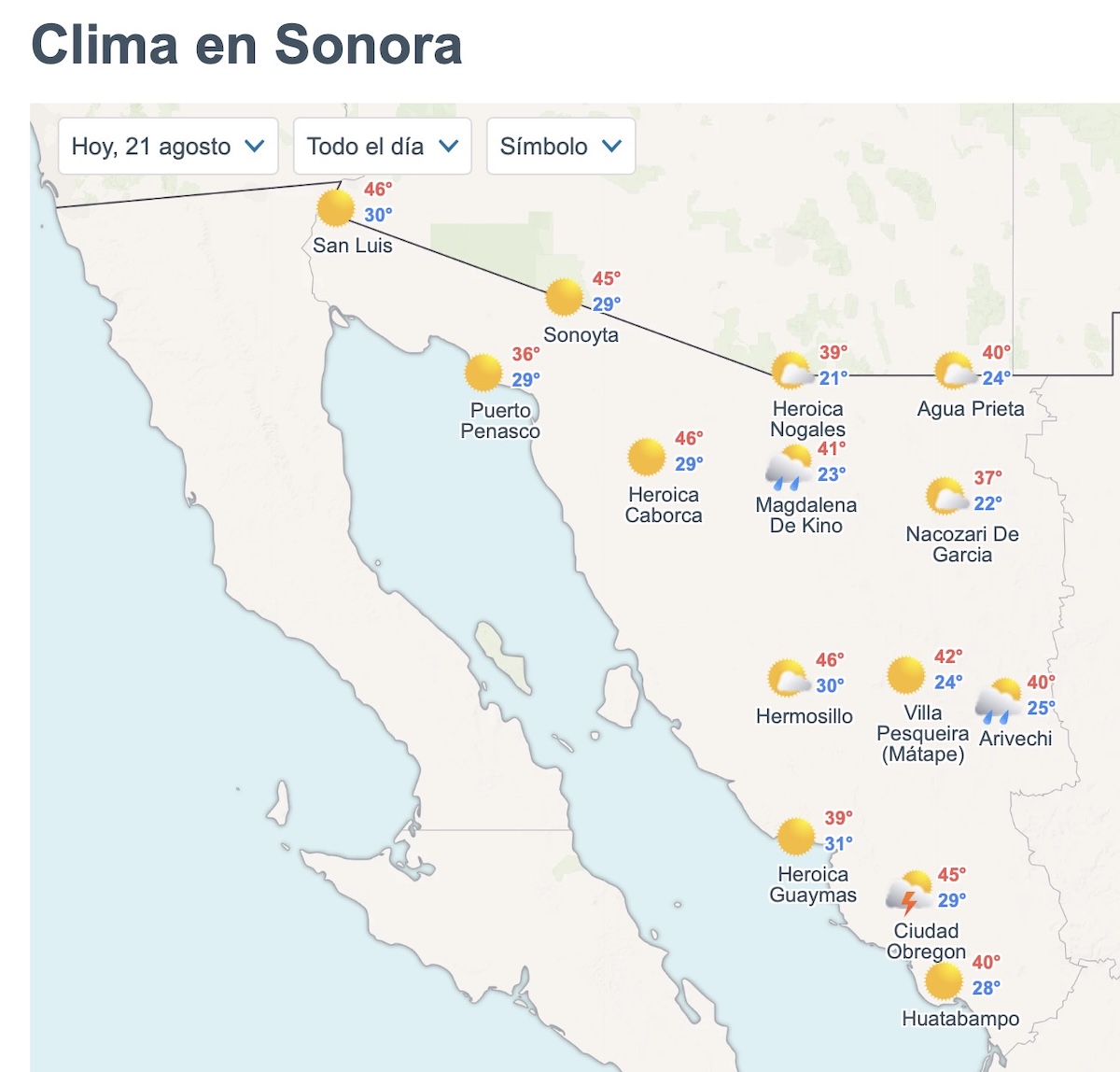 Consulta el pronóstico del clima en Sonora para este viernes 21 de agosto. Foto: Meteored.mx