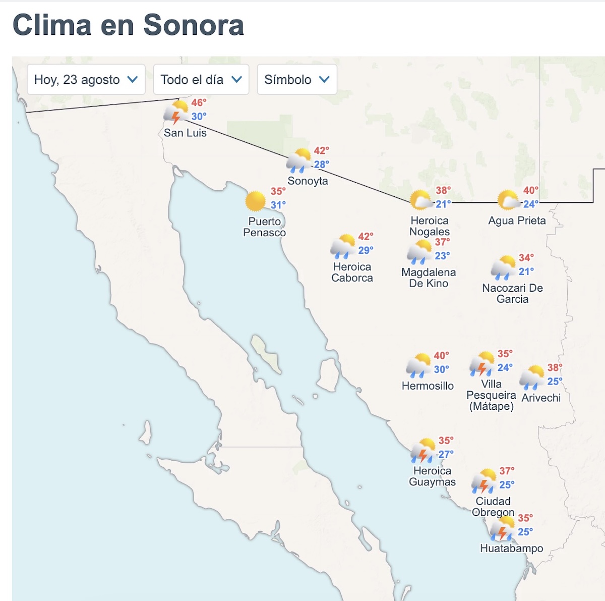 Así será el clima en Sonora HOY 23 de agosto. Foto: Meteored.mx