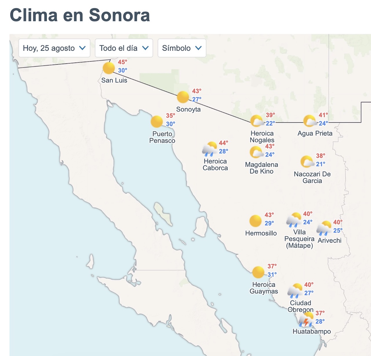 Sonora tendrá calor extremo y lluvias este martes 25 de agosto. Foto: Meteored.mx