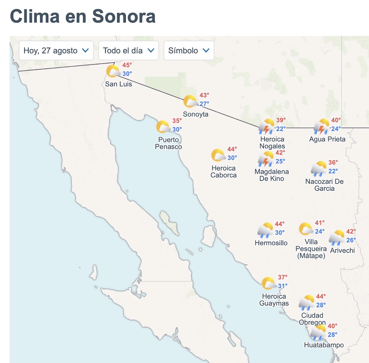 Revisa cómo será el clima en Sonora hoy 27 de agosto de 2026. Foto: Meteored.mx