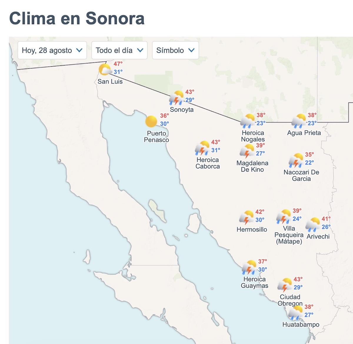 Así será el clima en Sonora este viernes 28 de agosto. Foto: Meteored.mx