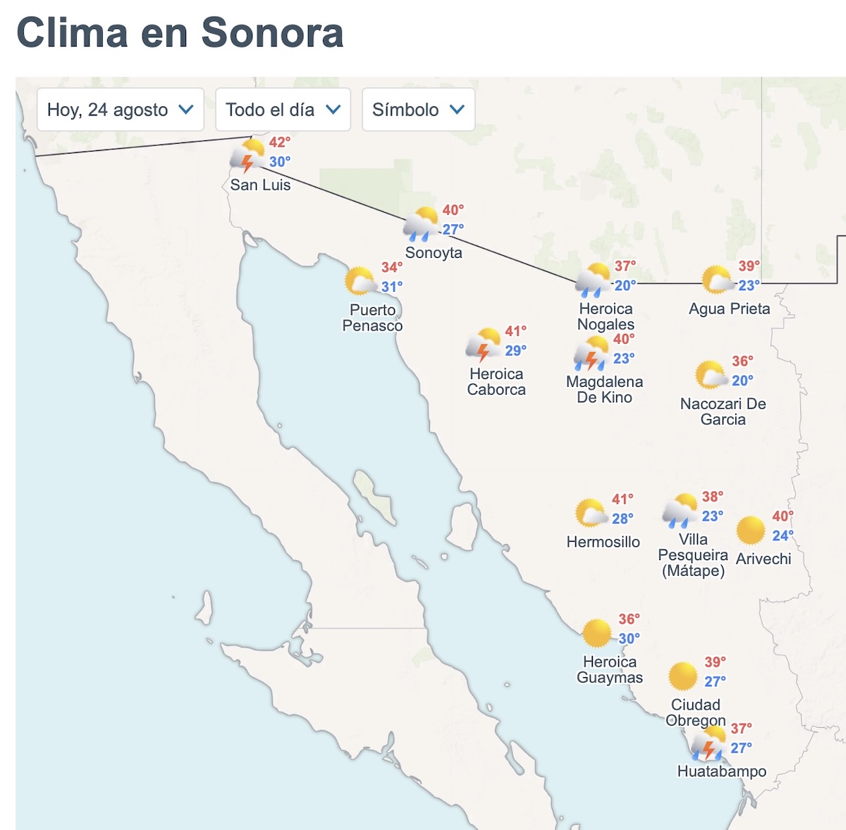 Clima en Sonora hoy 24 de agosto. Foto: Meteored.mx