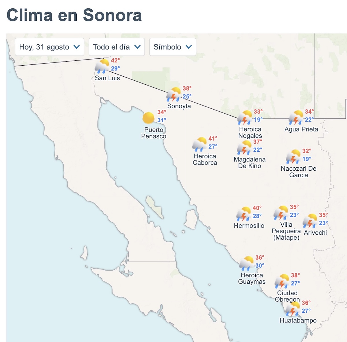 Reporte del clima en Sonora para este lunes. Foto: Meteored.mx