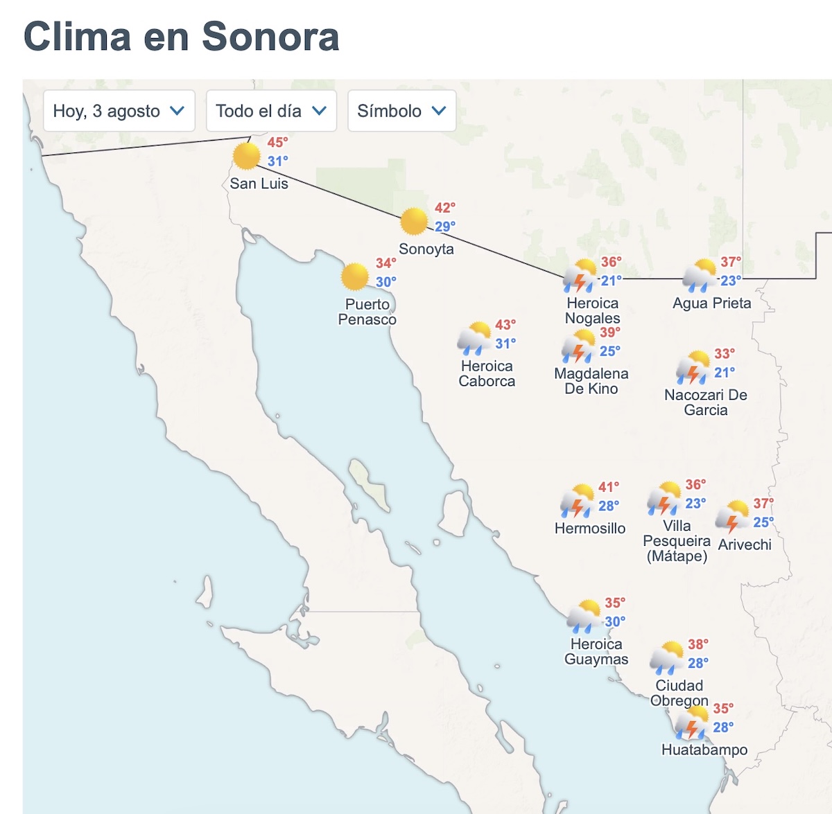 Así estará el clima en Sonora hoy lunes. Foto: Meteored.mx