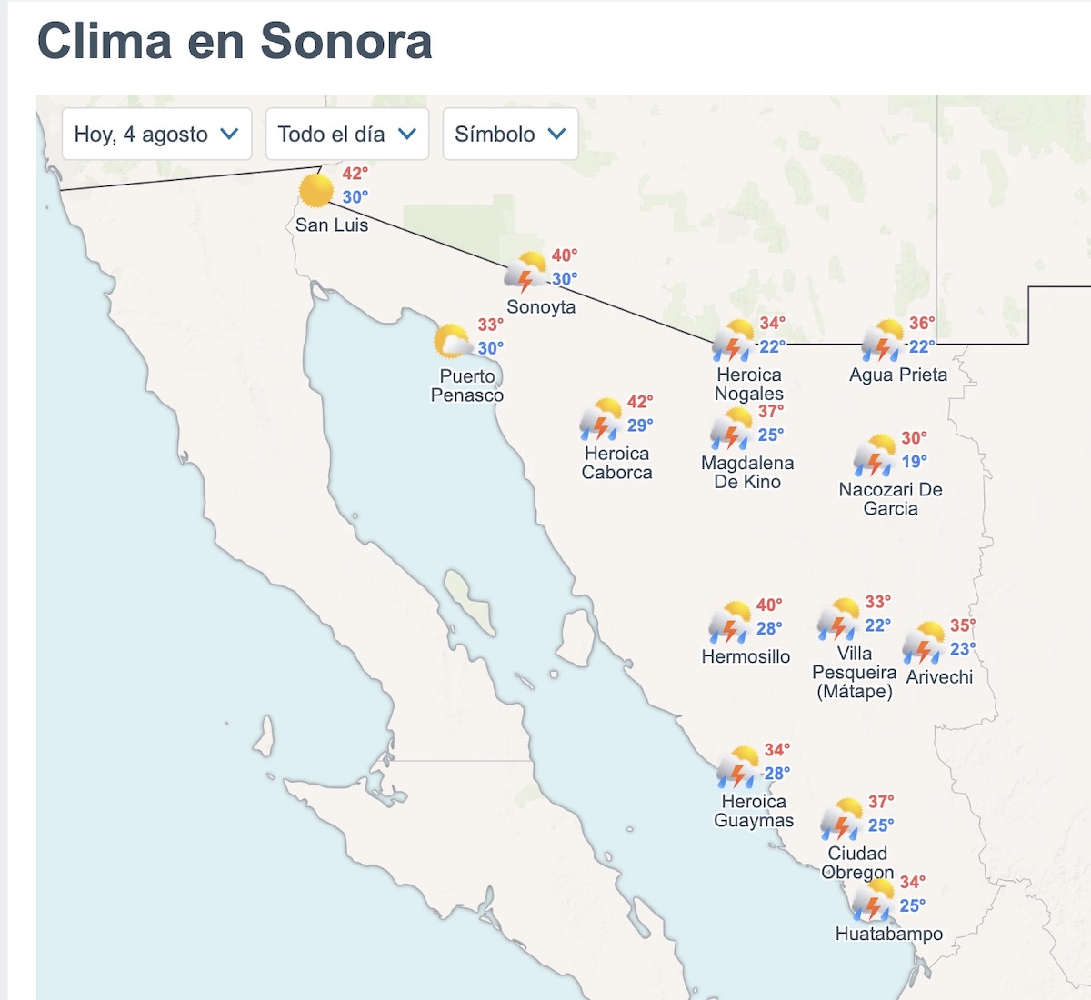 Este será el clima del martes 4 de agosto de 2026 por municipios. Foto: Meteored.mx