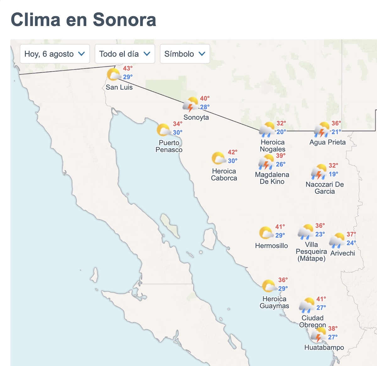 Así será el clima en Sonora este jueves 6 de agosto de 2026. Foto: Meteored.mx
