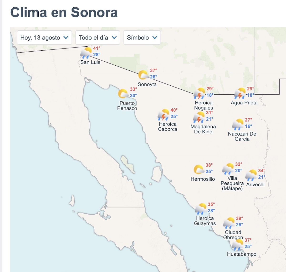 Pronóstico del clima en Sonora este jueves 13 de agosto