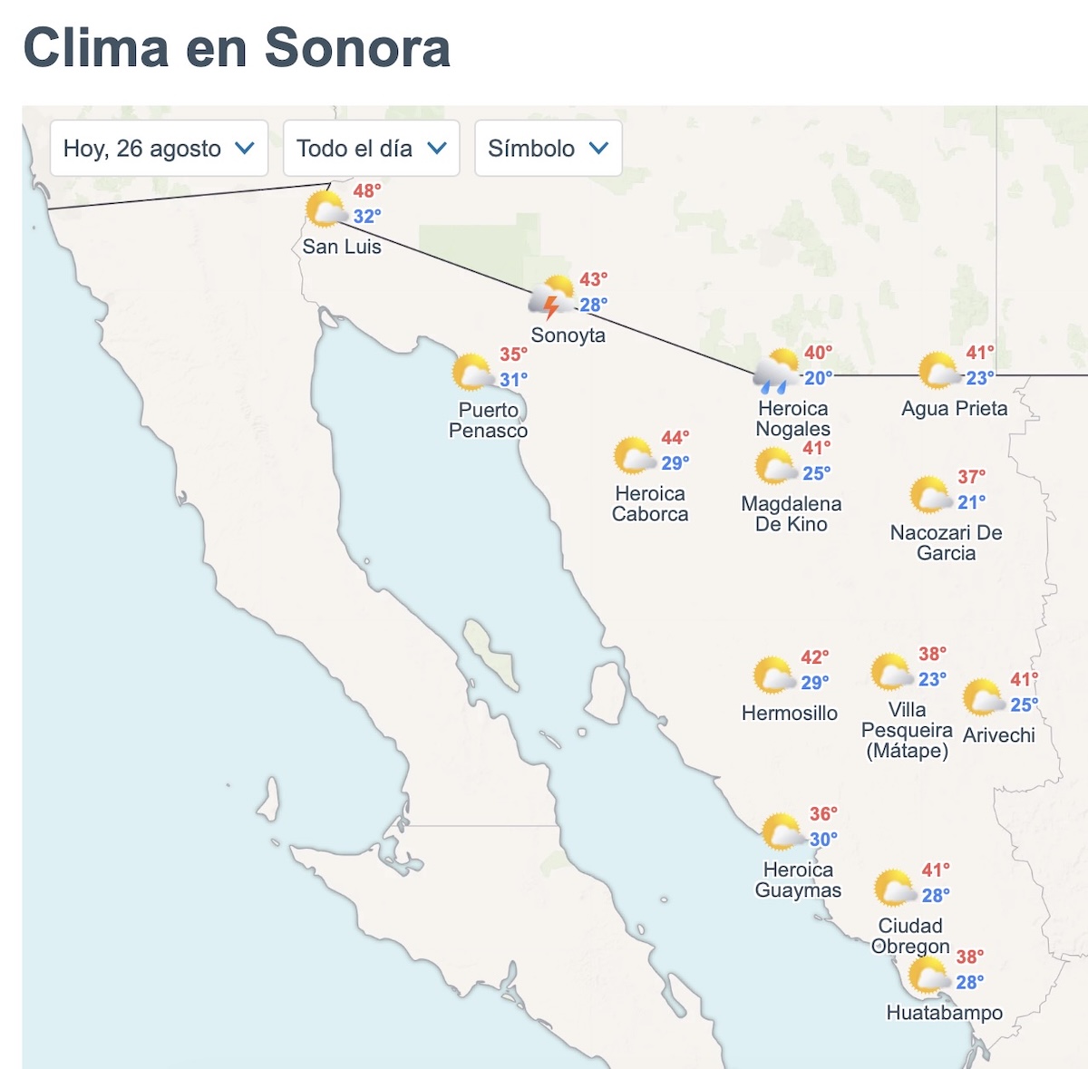 Así será el clima en Sonora HOY miércoles 26 de agosto. Foto: Meteored.mx