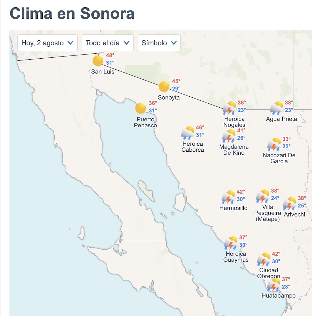 Pronóstico del clima en Sonora para este domingo 2 de agosto. Foto: Meteored.mx