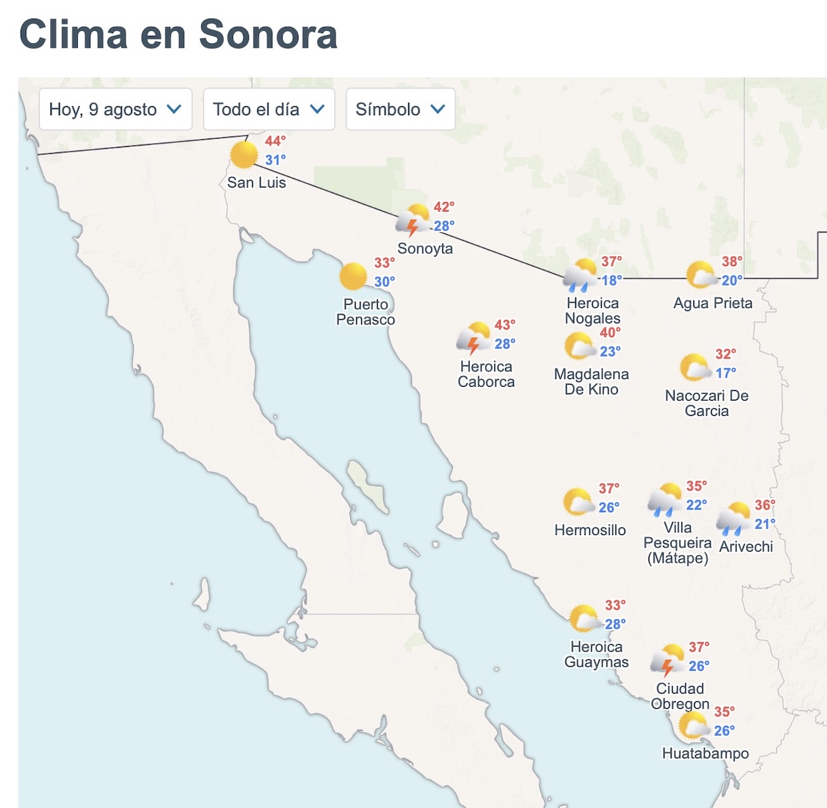 Así será el clima en Sonora HOY domingo 9 de agosto. Foto: Meteored.mx
