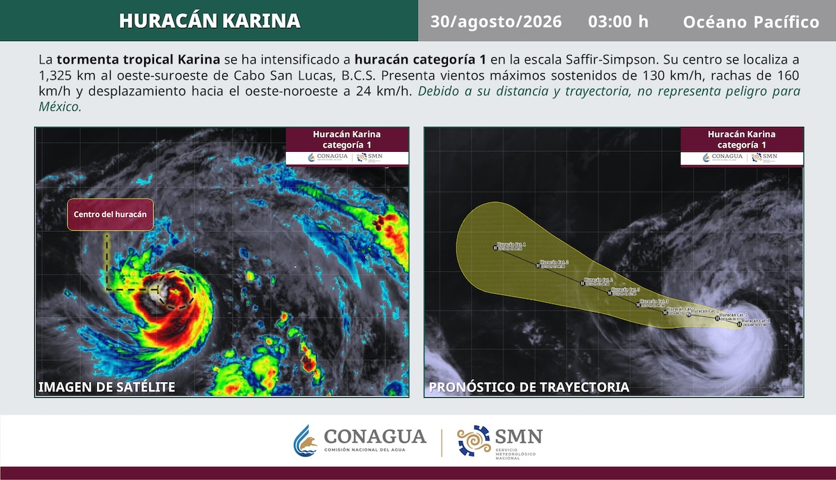 Huracán 'Karina' se intensifica frente a costas de México, según Conagua