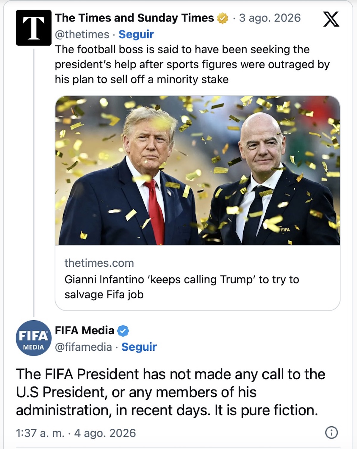 FIFA niega que Gianni Infantino haya llamado a Donald Trump